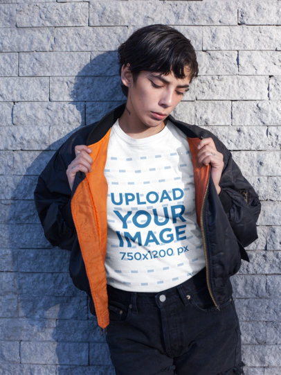 T-Shirt Mockup of a Woman with a Bomber Jacket