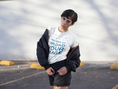 Round Neck Tee Mockup of a Woman at a Parking Lot