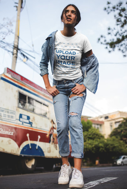 Tshirt Mockup of a Girl with a Denim Jacket and Jeans on the Street 19389