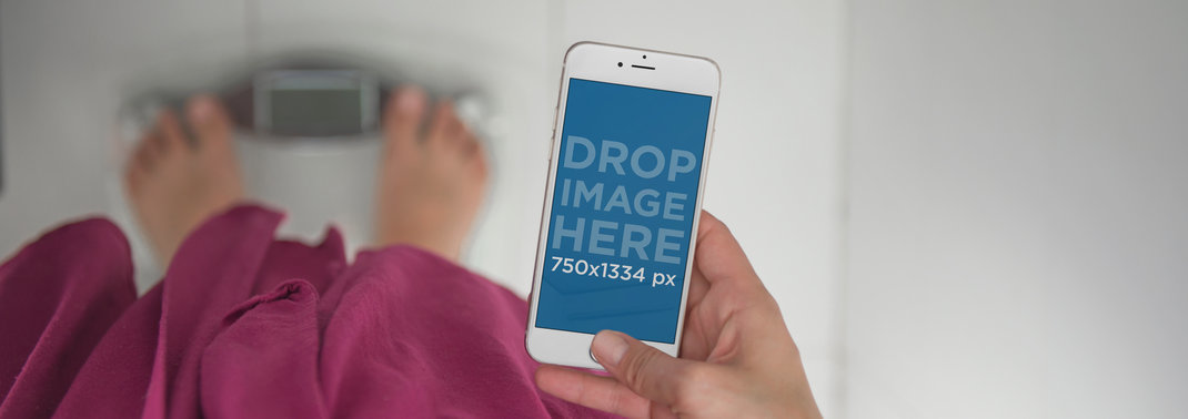 Mockup of a Woman Using Her iPhone 6 to Check Her Weight