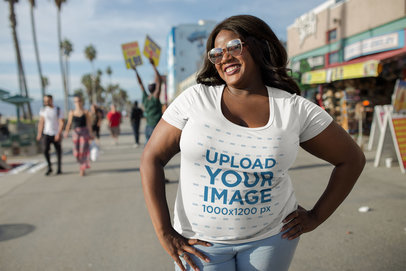 Plus Size T-Shirt Mockup of a Happy Woman in Venice Beach