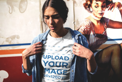 Mockup of a Girl Wearing a T-Shirt and a Denim Jacket Against a Food Truck 19388
