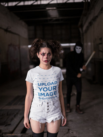 T-Shirt Mockup of a Woman with a Scared Expression