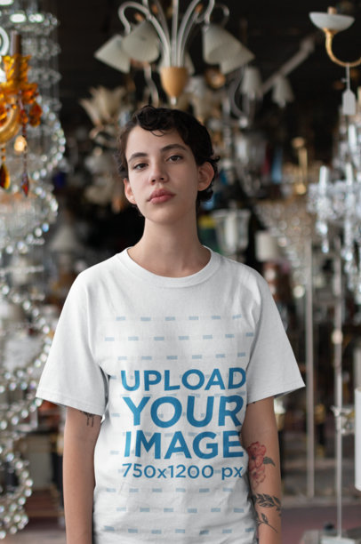 Unisex Round Neck Tee Mockup of a Woman at an Antiques Store
