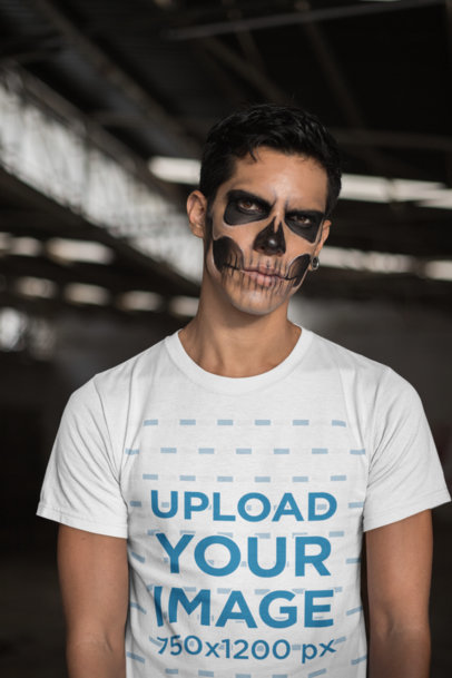 Mockup of a Man Wearing a T-Shirt and Skull Makeup