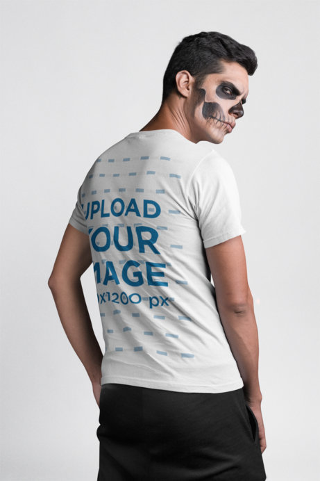 Back View T-Shirt Mockup of a Man with Halloween Skull Make-Up