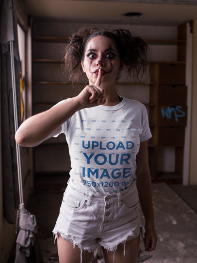 Mockup of a Woman Wearing a T-Shirt and Holding Her Finger to Her Lips