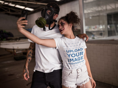 T-Shirt Mockup of a Girl Taking a Selfie with his Friend in Halloween Costumes 22934