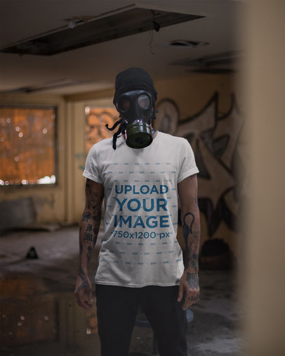Round Neck Tee Mockup of a Man Using a Gas Mask