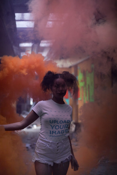 Round Neck Tee Mockup of a Girl with Halloween Makeup in a Cloud of Orange Smoke 22932