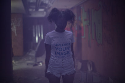 T-Shirt Mockup of a Woman with Pigtails and Halloween Clown Makeup