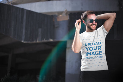 Round Neck Tee Mockup of a Happy Man Wearing Sunglasses