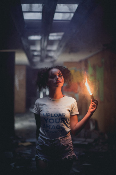 T-Shirt Mockup of a Woman with Halloween Makeup Holding a Flare