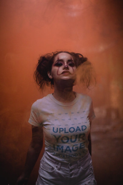 T-Shirt Mockup of a Woman with Scary Clown Makeup