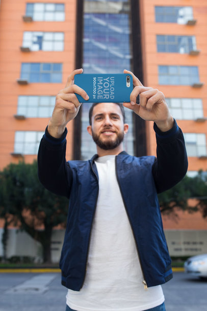 iPhone Case Mockup Featuring a Man Taking a Selfie