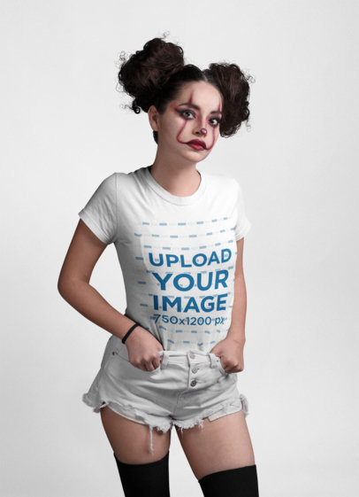 Mockup of a Woman Wearing a T-Shirt and Clown Makeup for Halloween at a Studio