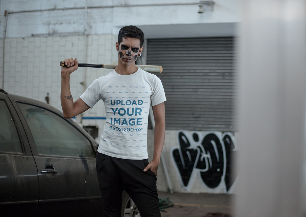 Mockup of a Man With a Bat Wearing a T-shirt