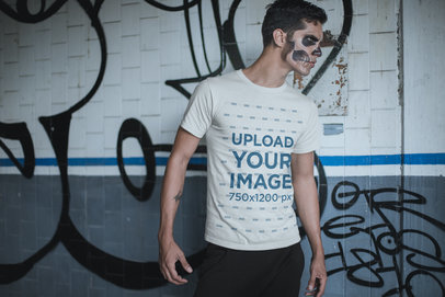 T-Shirt Mockup of a Man in Halloween Makeup and with a Strong Stare 23016
