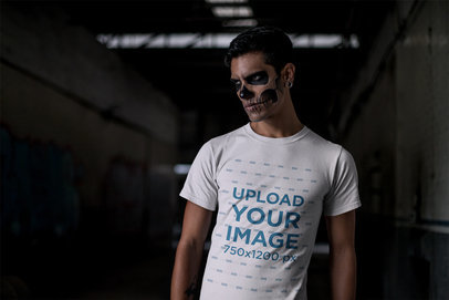 Mockup of a Man with Halloween Skull Makeup Wearing a T-Shirt