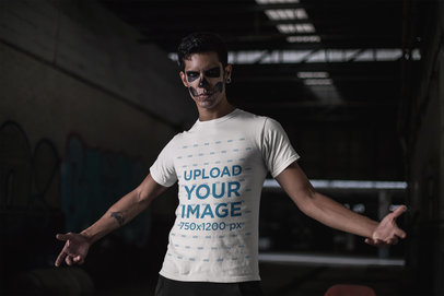 Mockup of a T-Shirt Featuring an Edgy Man with Halloween Makeup