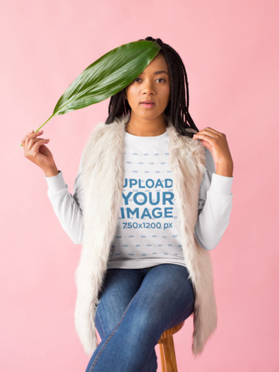 Mockup of a Girl Wearing a Crewneck Sweatshirt and a Faux Fur Vest 18375