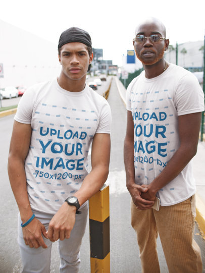 T-Shirt Mockup with Two Men Standing On A Street