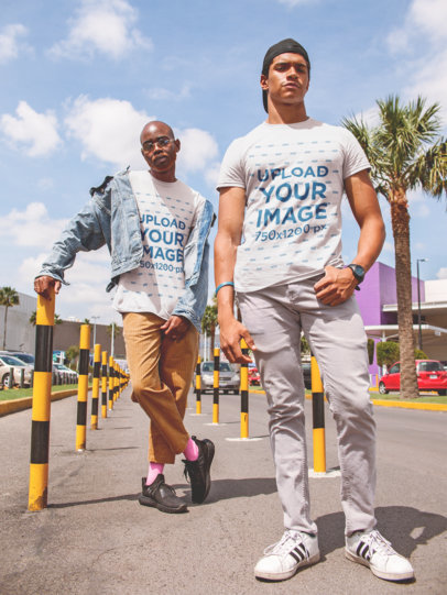 T-Shirt Mockup of Two Friends at a Shopping Center Parking Lot