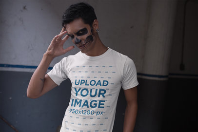 Tshirt Mockup of a Man with Scary Halloween Makeup