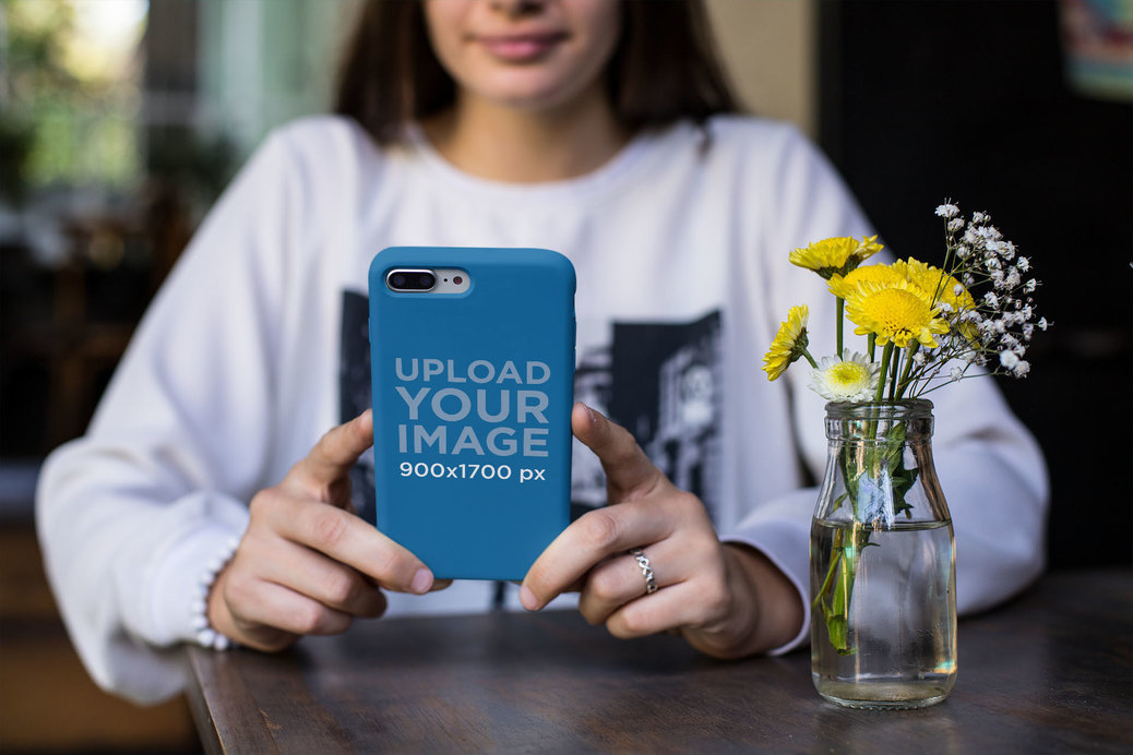 Phone Case Mockup Featuring a Woman Wearing a Silver Ring