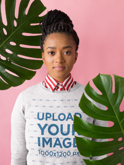 Sweatshirt Mockup Featuring a Woman Wearing a Collared Striped Shirt 18379