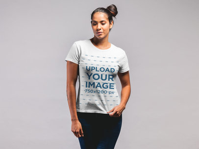 T-Shirt Mockup Featuring a Woman With a Messy Side Bun