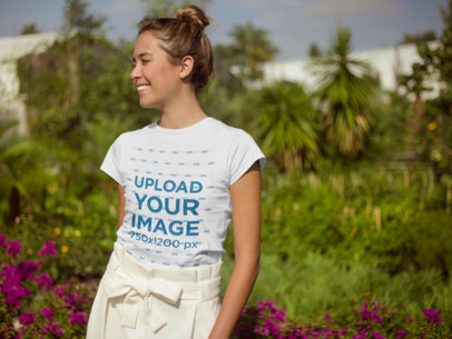 Mockup of a Woman with a Top Knot Wearing a T-Shirt 