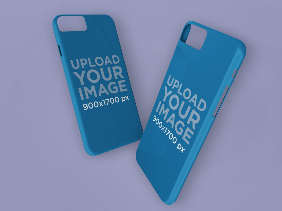 Mockup of Two iPhone Cases Floating Against a Solid Surface