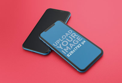 Mockup of a Blue iPhone 11 on Top of Another iPhone Over a Solid Surface