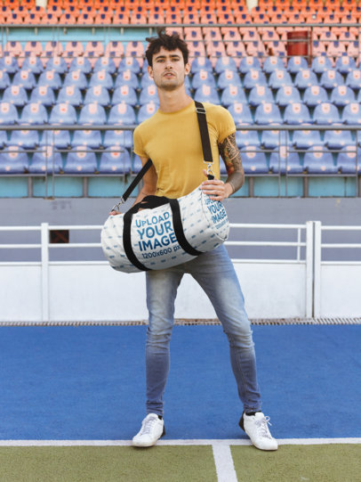 Mockup of a Man Carrying a Duffle Bag at a Court