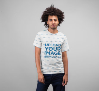 T-Shirt Mockup Featuring a Man with Curly Hair 22224