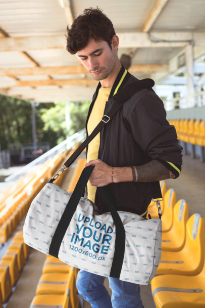 Mockup of a Man Carrying a Duffel Bag at a Stadium