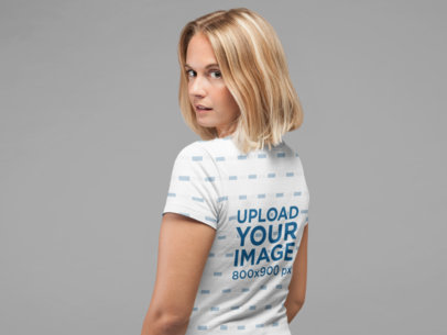Sublimated T-shirt Mockup of a Woman with a Lob Haircut Posing Backwards 22332