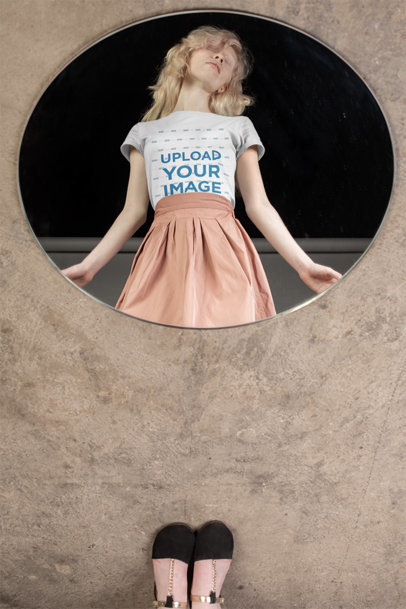 Round Neck Tee Mockup Featuring a Woman on a Round Mirror