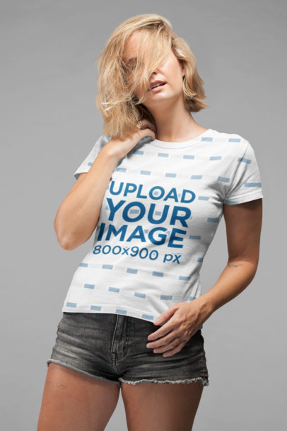 Sublimated Tee Mockup of a Woman with Her Hair All over Her Face 