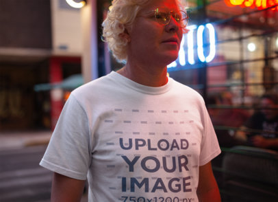 Closeup T shirt Mockup of a Man on the Street at Night