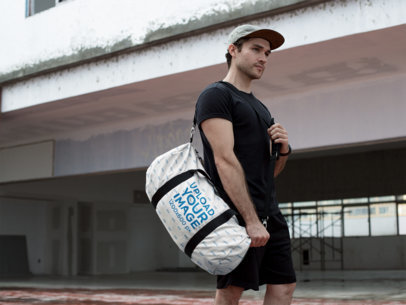 Mockup of a Man Carrying a Duffel Bag Outside a Building Under Construction 23063