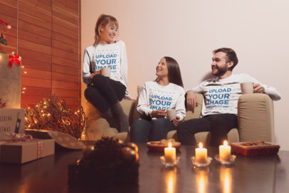 Christmas Sweater Mockup Featuring Three Friends Gathered in a Living Room 18050
