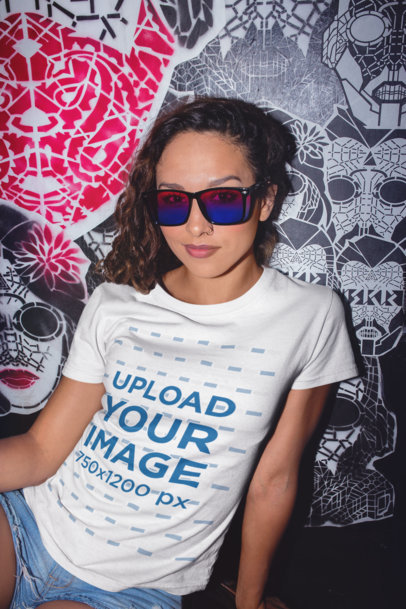 Round Neck Tee Mockup Featuring a Stylish Woman in a Bar