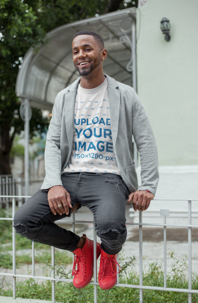 Round Neck Tshirt Mockup Featuring a Smiling Man with Colorful Shoes