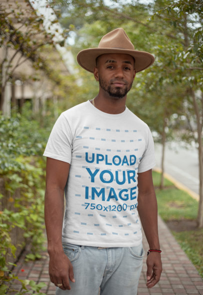 T-Shirt Mockup Featuring a Man Wearing a Felt Hat
