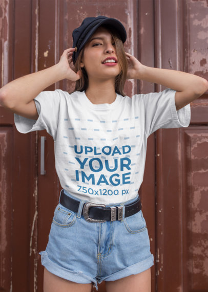 Round Neck T-Shirt Mockup Featuring a Woman with Denim Shorts and a Cowboy Belt