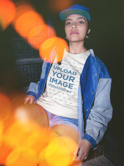 Mockup Featuring a Woman Wearing a Tee at Night