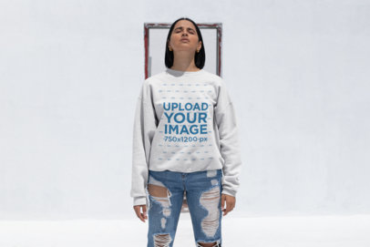Sweatshirt Mockup of a Woman with a Lob Haircut Wearing Trendy Jeans