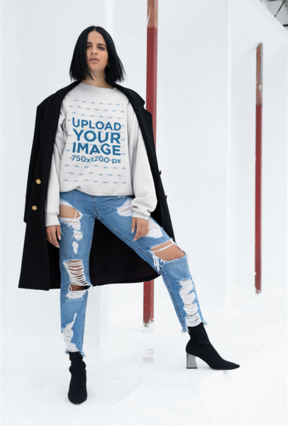 Crewneck Sweater Mockup of a Fashionable Woman in a White Room